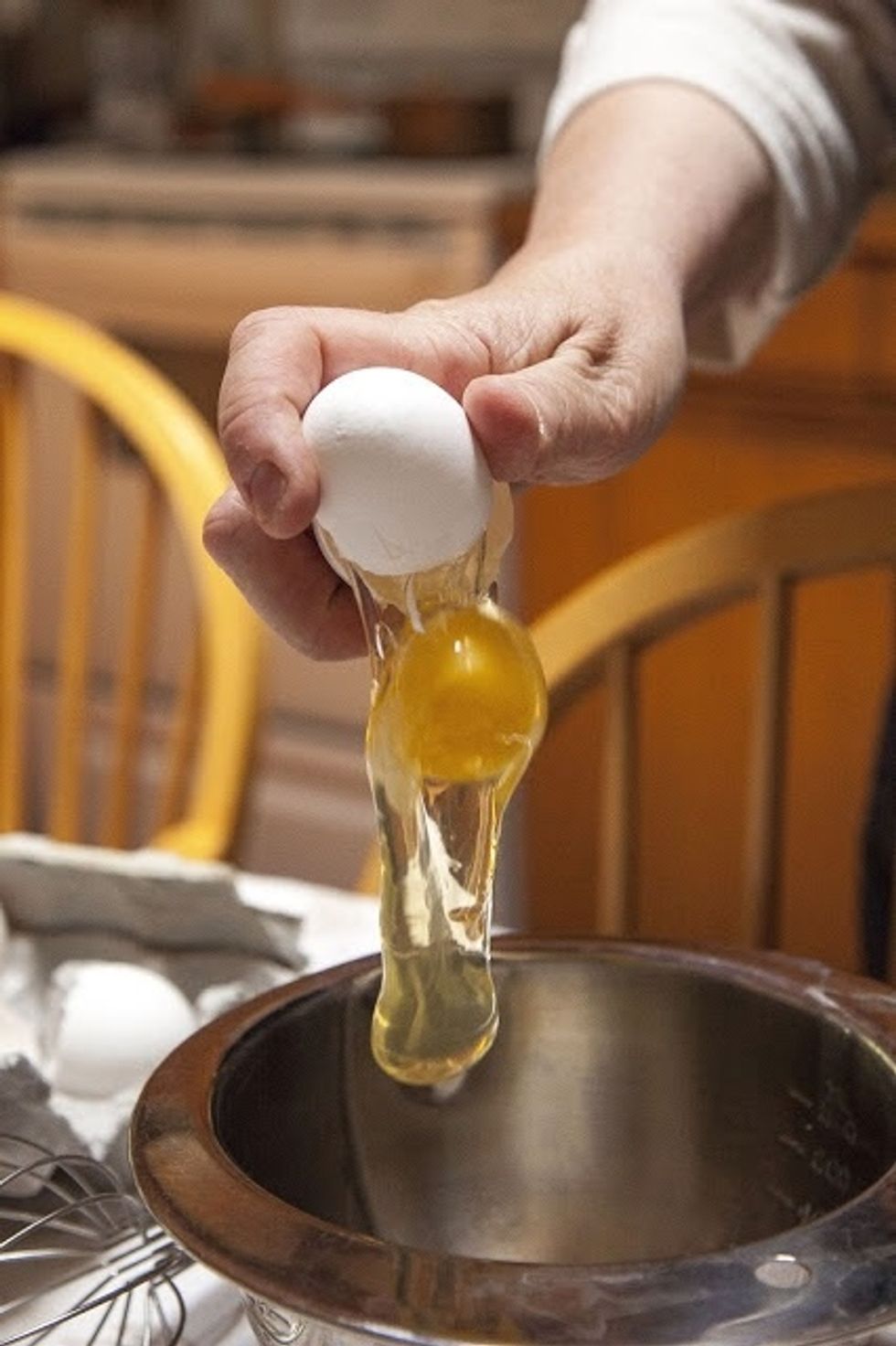 In a medium bowl, mix 4Tbs of unsalted butter together with 1/3 cup of sugar.Add in an egg.