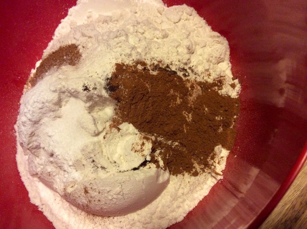 In a medium bowl mix the flour, spices, salt, baking soda, and baking powder. Set aside when done.