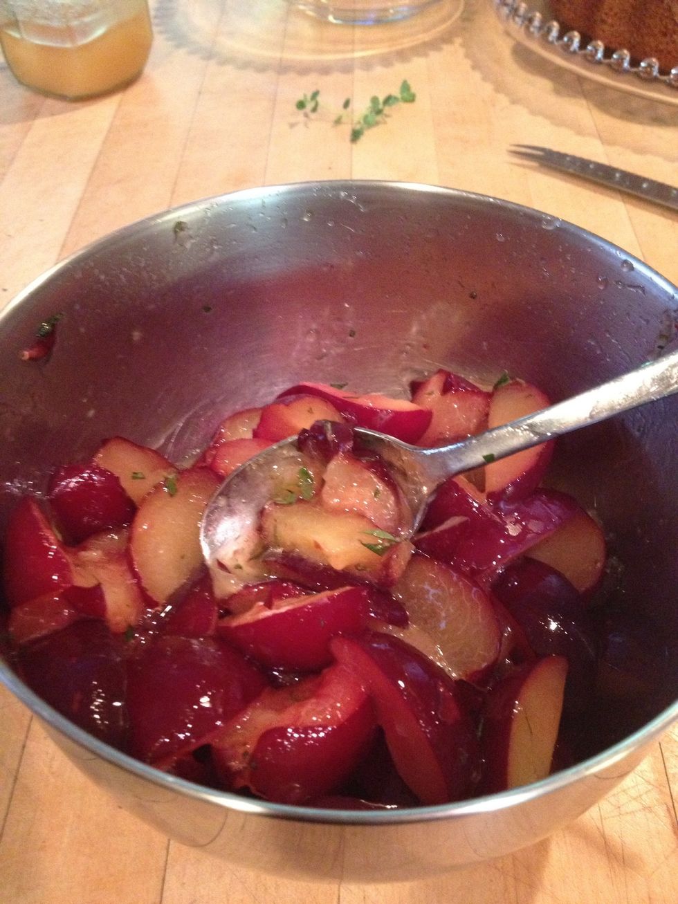 In a medium bowl toss plums with remaining 2 T honey and the chopped thyme. Add more honey to taste and let macerate for at least 30 minutes.