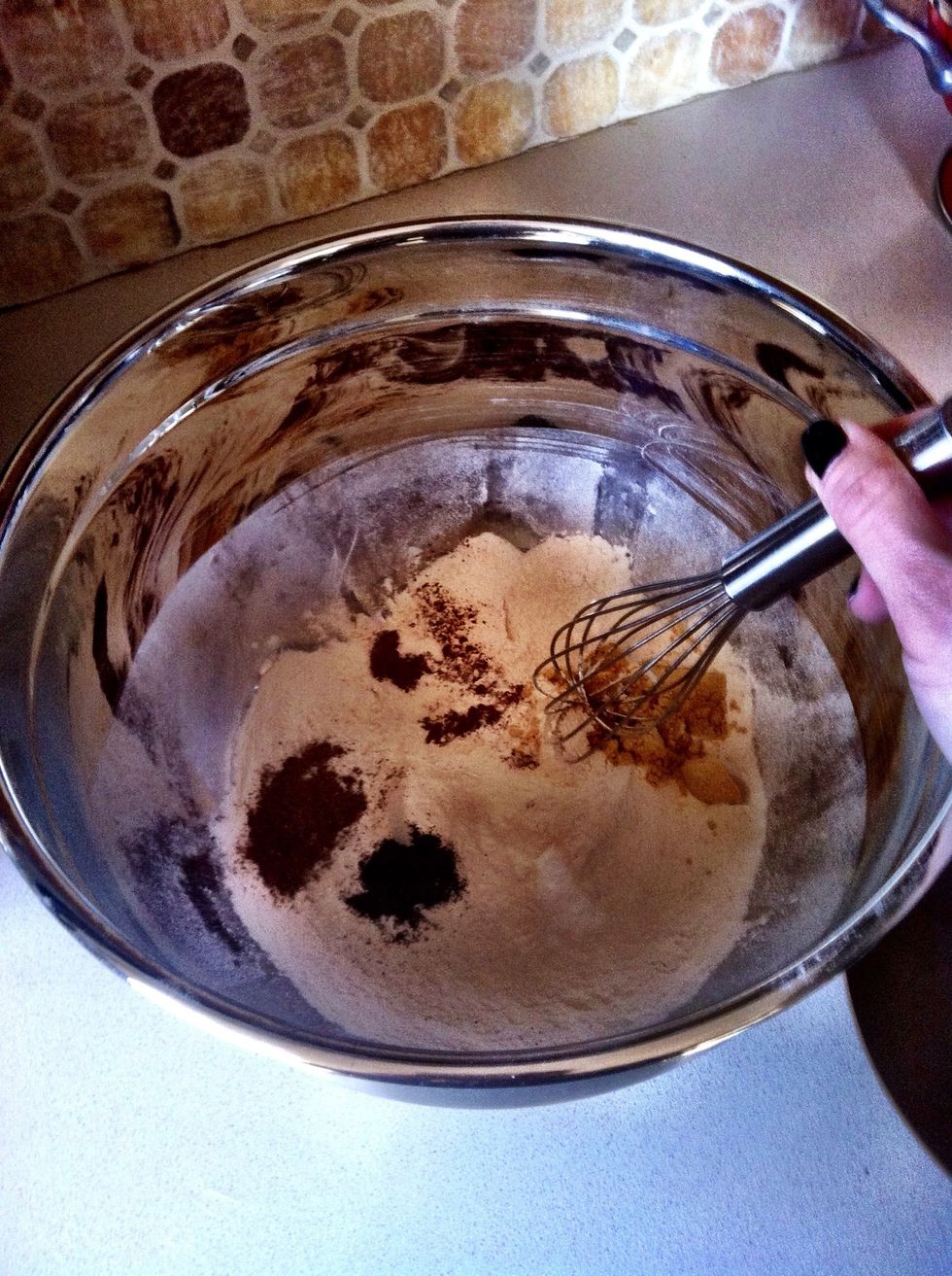 In a medium bowl, whisk all those yummy dry ingredients together (flour, spices, baking soda, and salt). Then just set to the side for later. These are going to be ginger molasses mustache cookies!