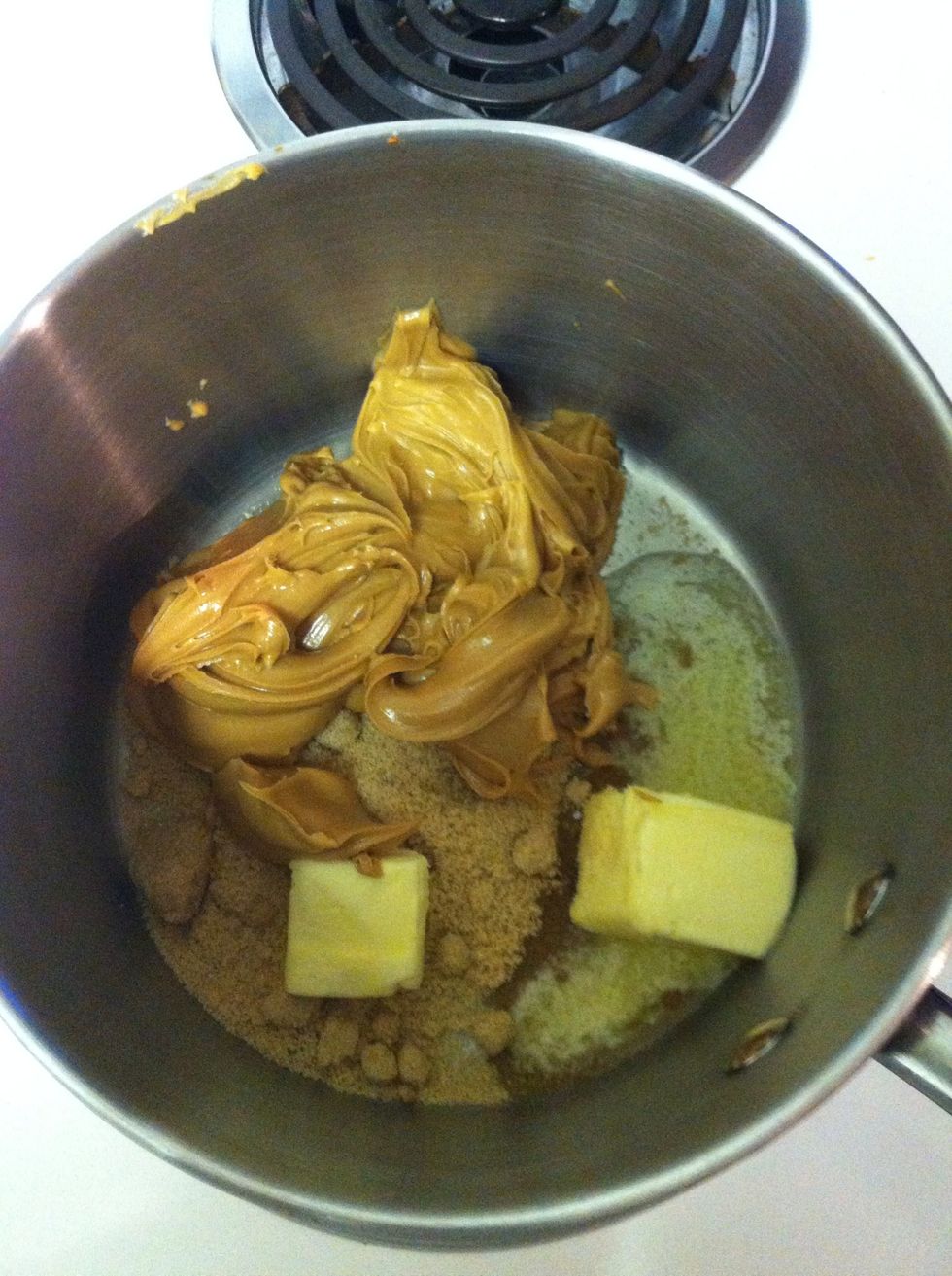 In a medium pot combine the butter, brown sugar and peanut butter over medium heat.