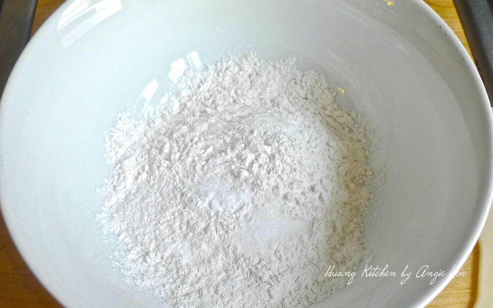 In a medium size bowl, add in all the dry ingredients, starting with rice flour, then salt, baking powder and baking soda.  Mix the dry ingredients till well mixed.