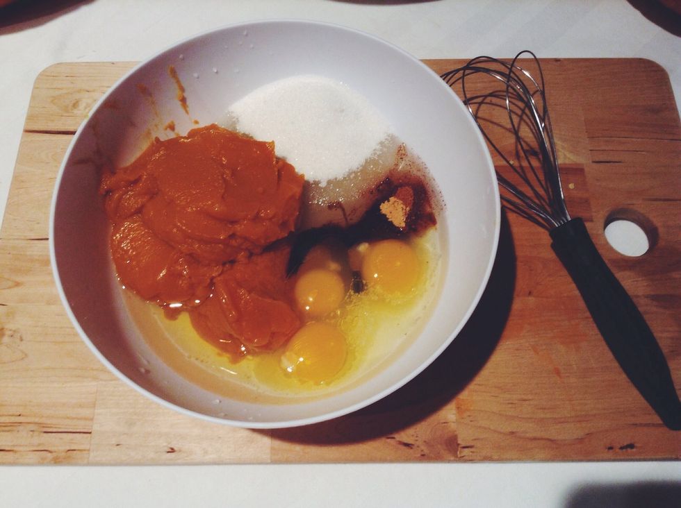 In a medium size bowl, combine all your ingredients except the flour. I lowered my sugar down to 1 cup but that's for health reasons.