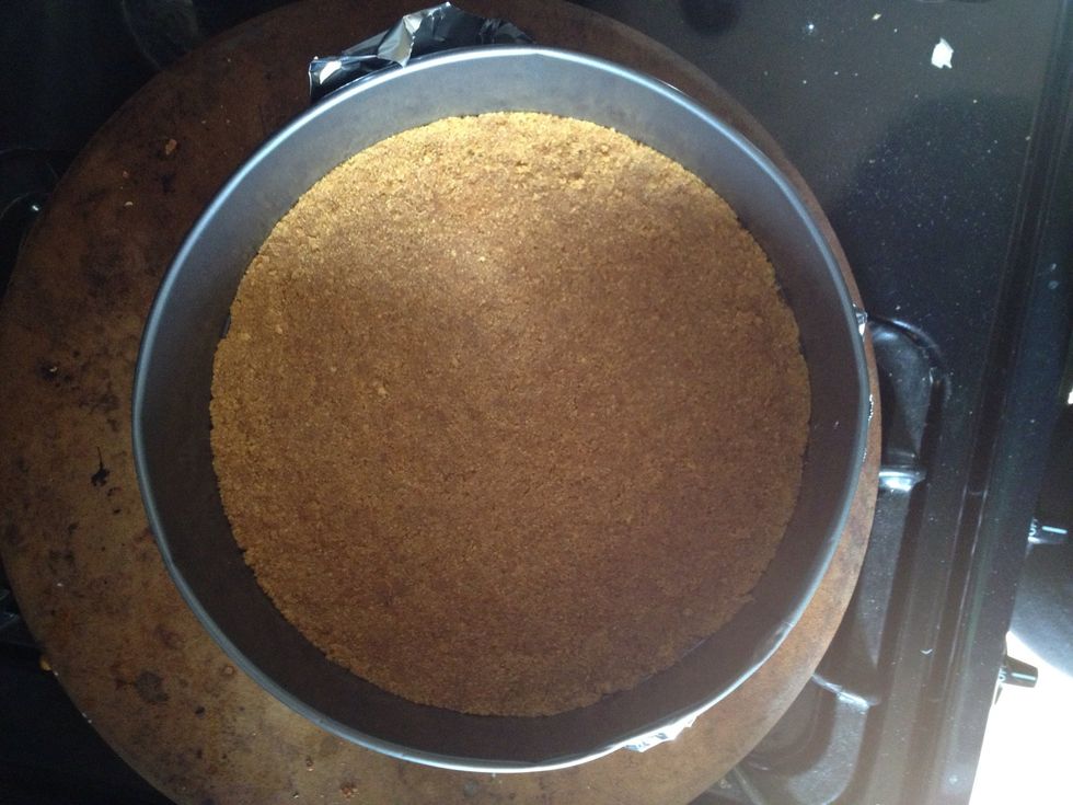 In a microwave safe bowl, put the butter & crumbs in the microwave just to melt the butter. The crumbs will help the butter from not splattering all over the place. Blend with a fork and press in pan.