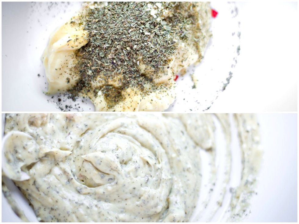 In a mixing bowl, combine all spices with cream of chicken. Mix it together like in the picture above!