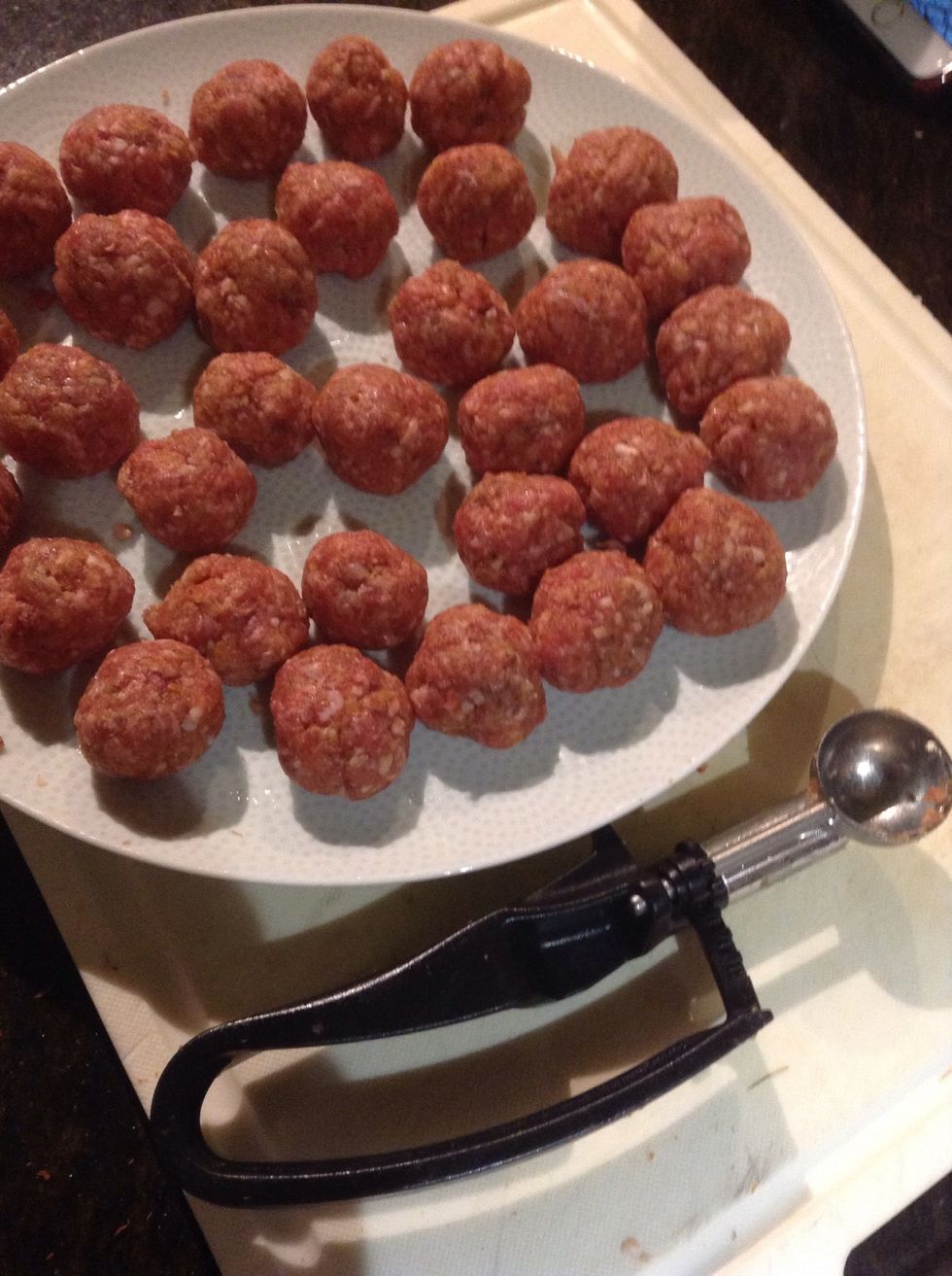 In a mixing bowl combine ground goat, egg, bread crumbs, remaining spices and herbs. Mix well by hand and form into walnut sized balls. I use a melon baller for portion control.