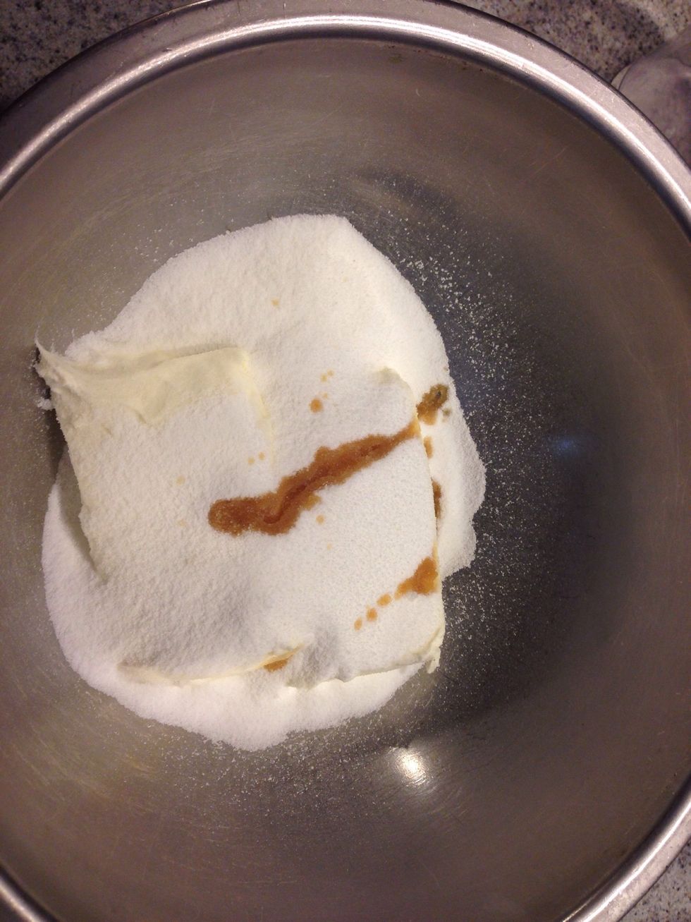 In a mixing bowl, mix together your cream cheese, sugar, eggs, ( add 1 egg at a time) and vanilla extract.