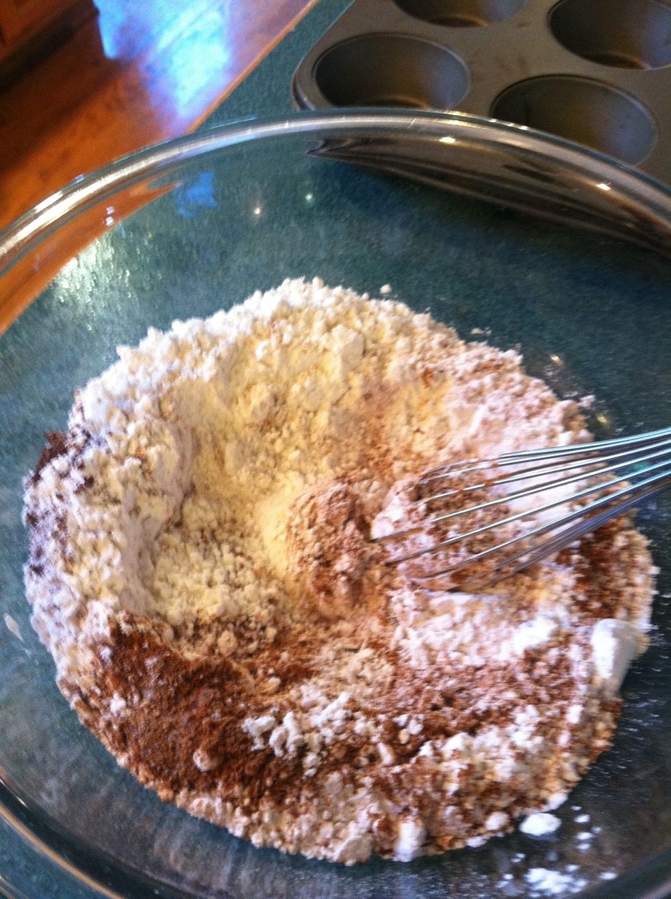 In a mixing bowl, Whisk together: flour, cinnamon, cloves, ginger, nutmeg, pumpkin pie spice, salt, baking powder, and baking soda