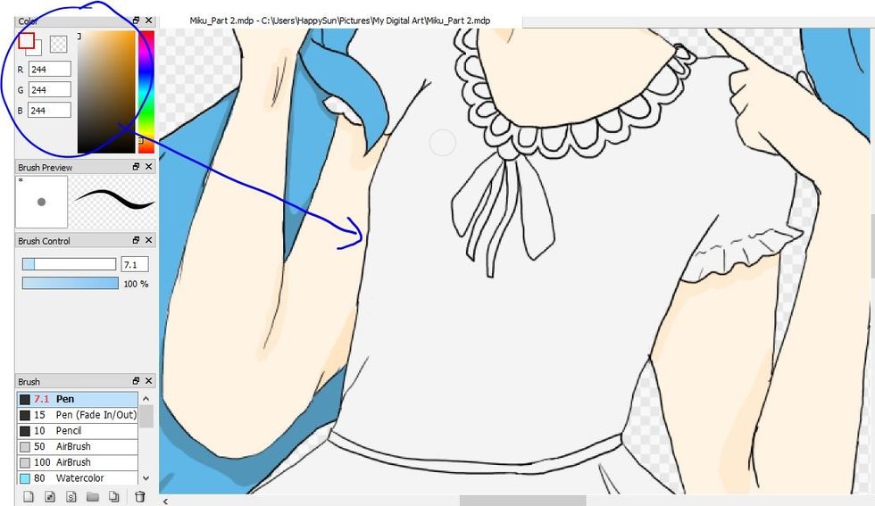 In a new layer below hair and skin color the dress one color only. (The next steps will apply mostly to this specific outfit.