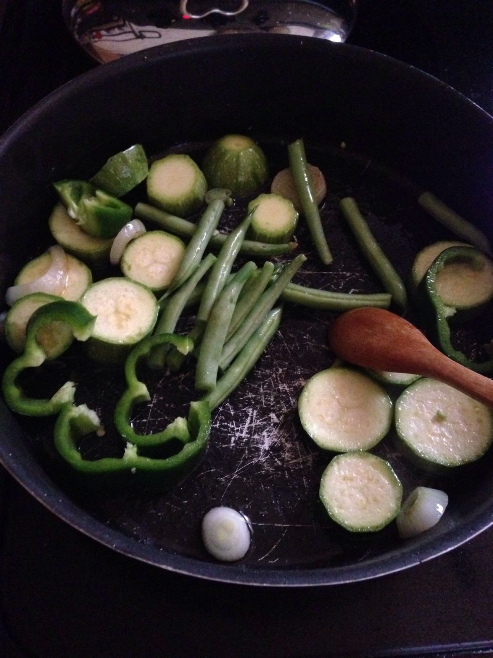 In a pan, add olive oil and fry the veggies.