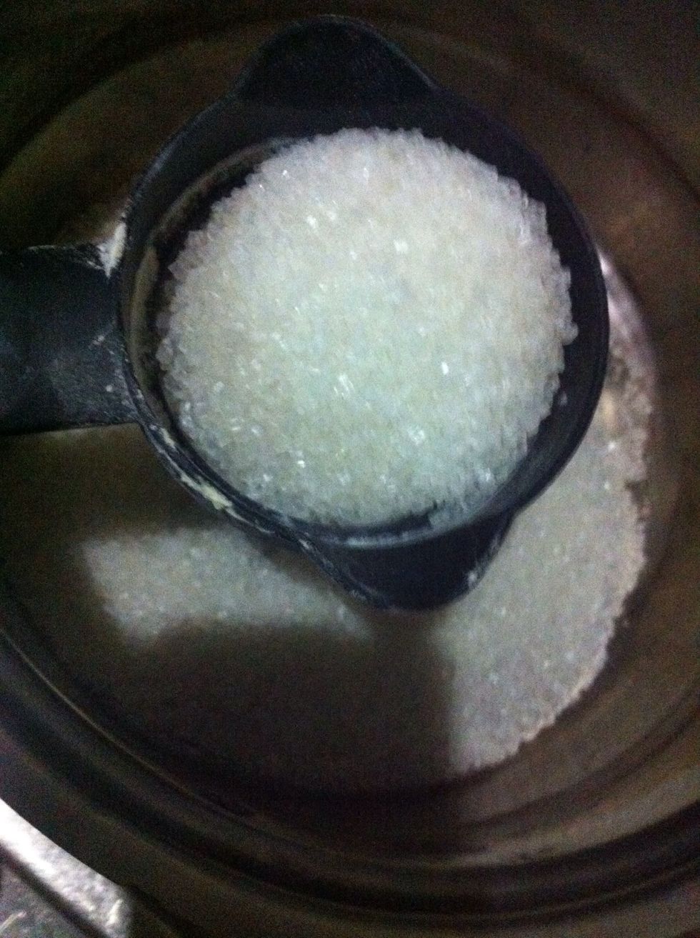 in a pan add slightly less than 3/4 almosttt 3/5 cup sugar