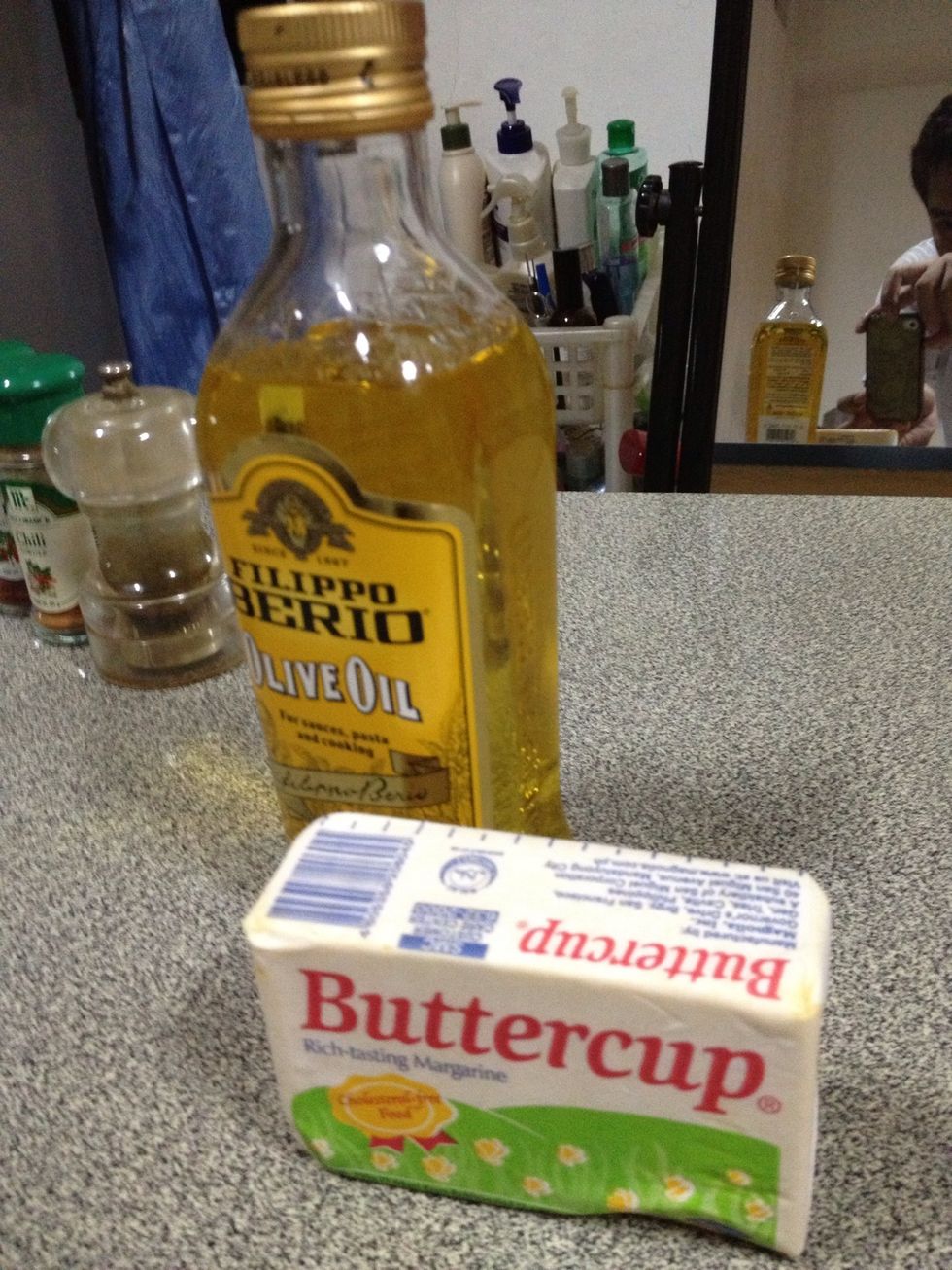 in a pan, combine 5 tbls of olive oil and 1/3 of a bar of butter