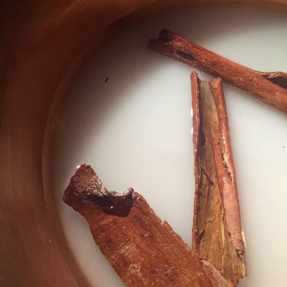 In a pan (if possible a preserving pan), put all things (water, sugar and cinnamon).