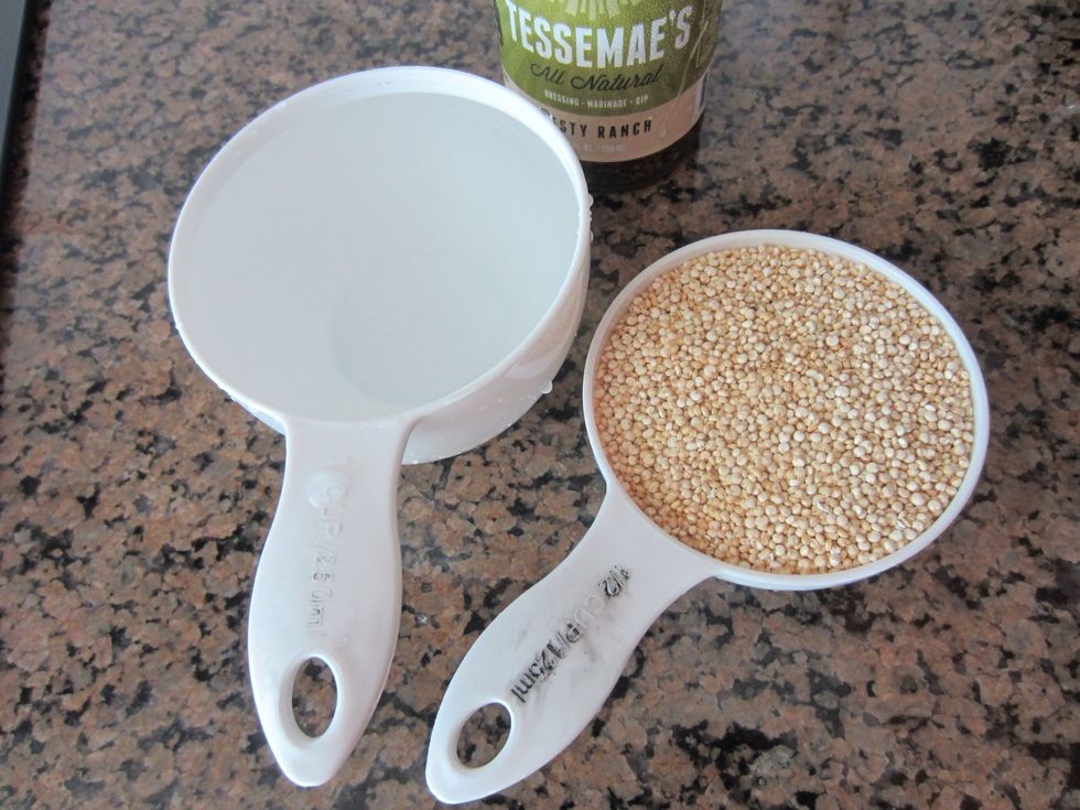 In a sauce pan add 1 part quinoa 2 parts water. Bring to a boil then turn down to simmer until quinoa has absorbed all the water. Takes about 10 minutes for a half cup of quinoa.