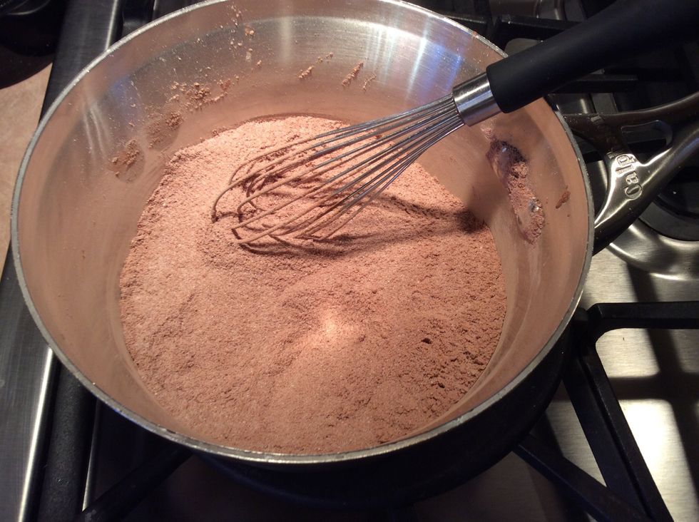 In a sauce pan add; sugar, salt, cornstarch and cocoa. Whisk together.