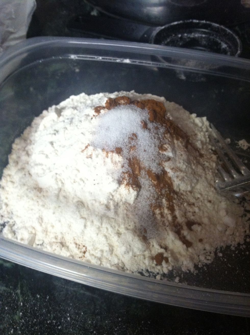 In a separate bowl, add 1 1/4 cups all-purpose flour, 1 teaspoon baking soda, 3/4 teaspoon cinnamon, and 1/2 teaspoon salt.