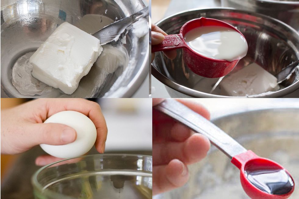 In a separate bowl, add the wet ingredients - 1/2 cup unsalted butter at room temperature, 1 cup milk, 2 eggs & 1 tsp vanilla. MIX & ADD TO FLOUR MIXTURE