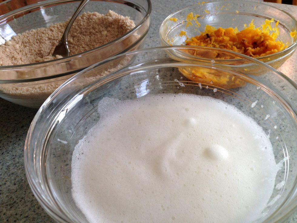 In a separate bowl, beat egg whites continuously w fork or whisk until frothy/ creamy & soft peaks form. This will make your pancakes fluffier. Important b/c almond meal is different than flour.