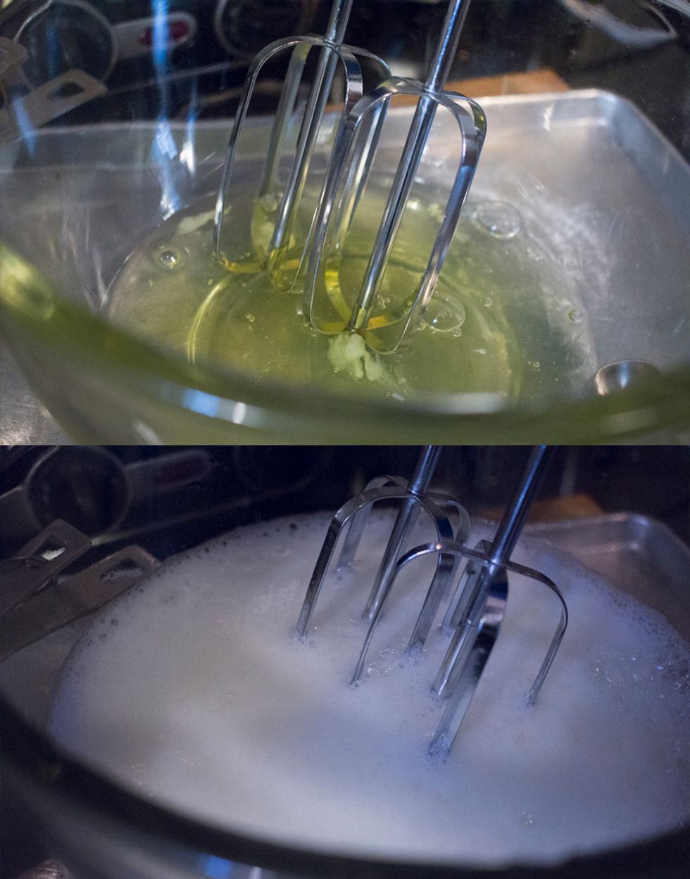 In a separate bowl, beat egg whites until foamy.