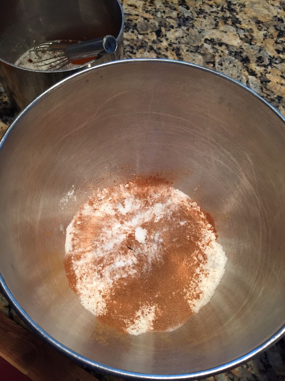 In a separate bowl, combine your dry ingredients: 2 cup+1 TB flour, 1 tsp pumpkin pie spice, 1 tsp baking soda and about 2 tsp of cinnamon. Pinch of salt