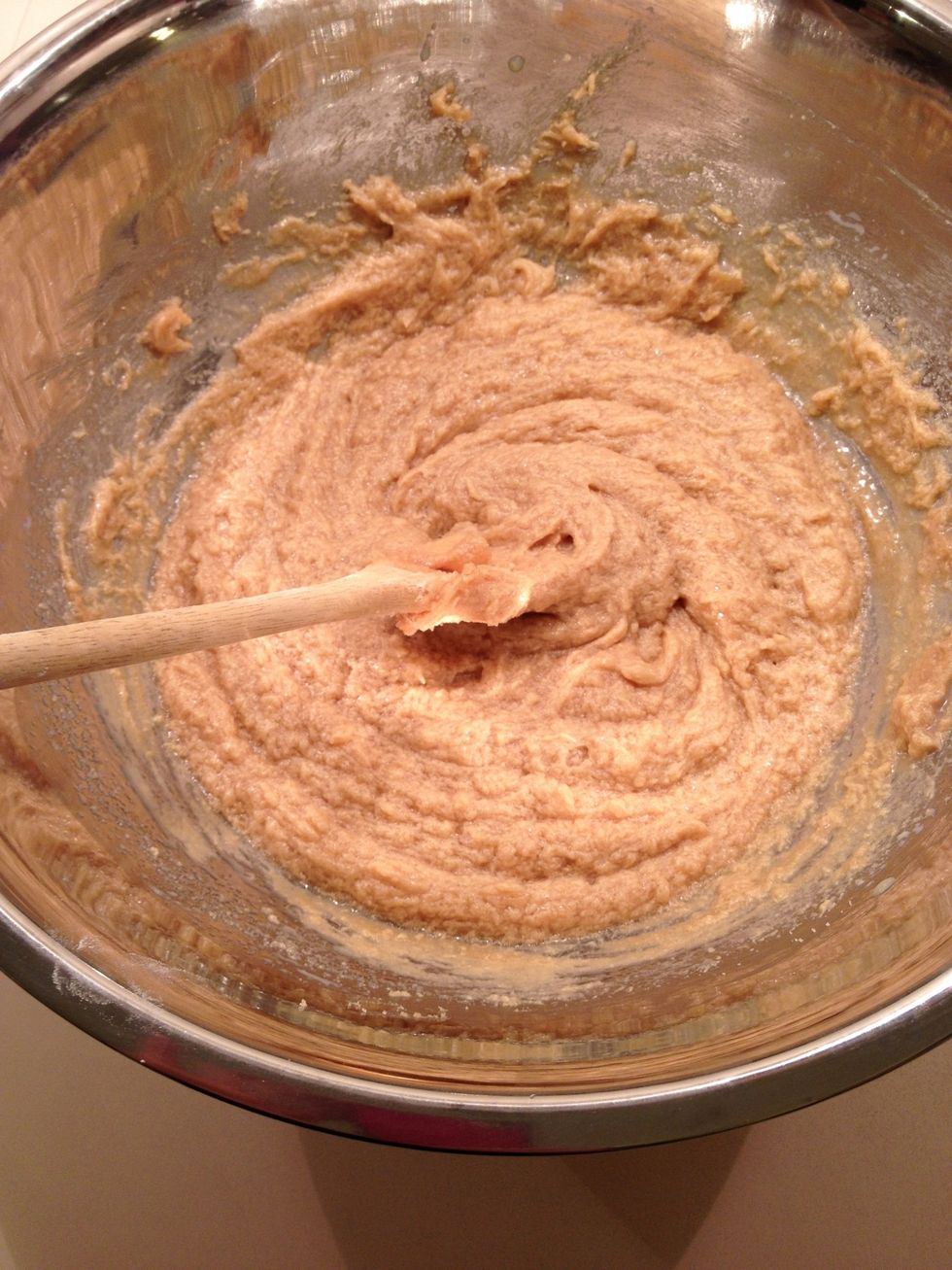 In a separate bowl, cream together brown sugar, butter, peanut butter and milk