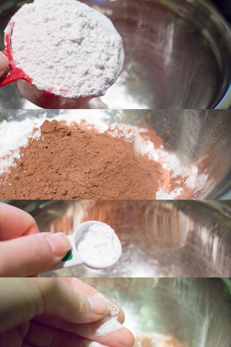 In a separate bowl designated for dry ingredients, add flour, cocoa powder, baking powder and salt.