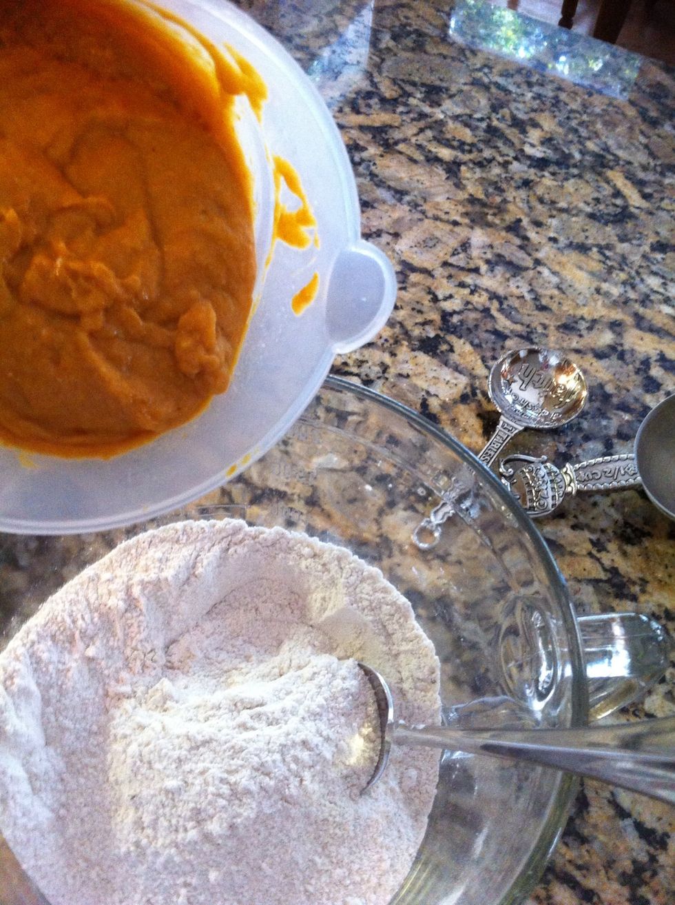 In a separate bowl, mix 1/2 cup melted butter, 2 eggs, 1 c pumpkin, and 2 tsp vanilla. Once mixed well, add to the dry ingredients