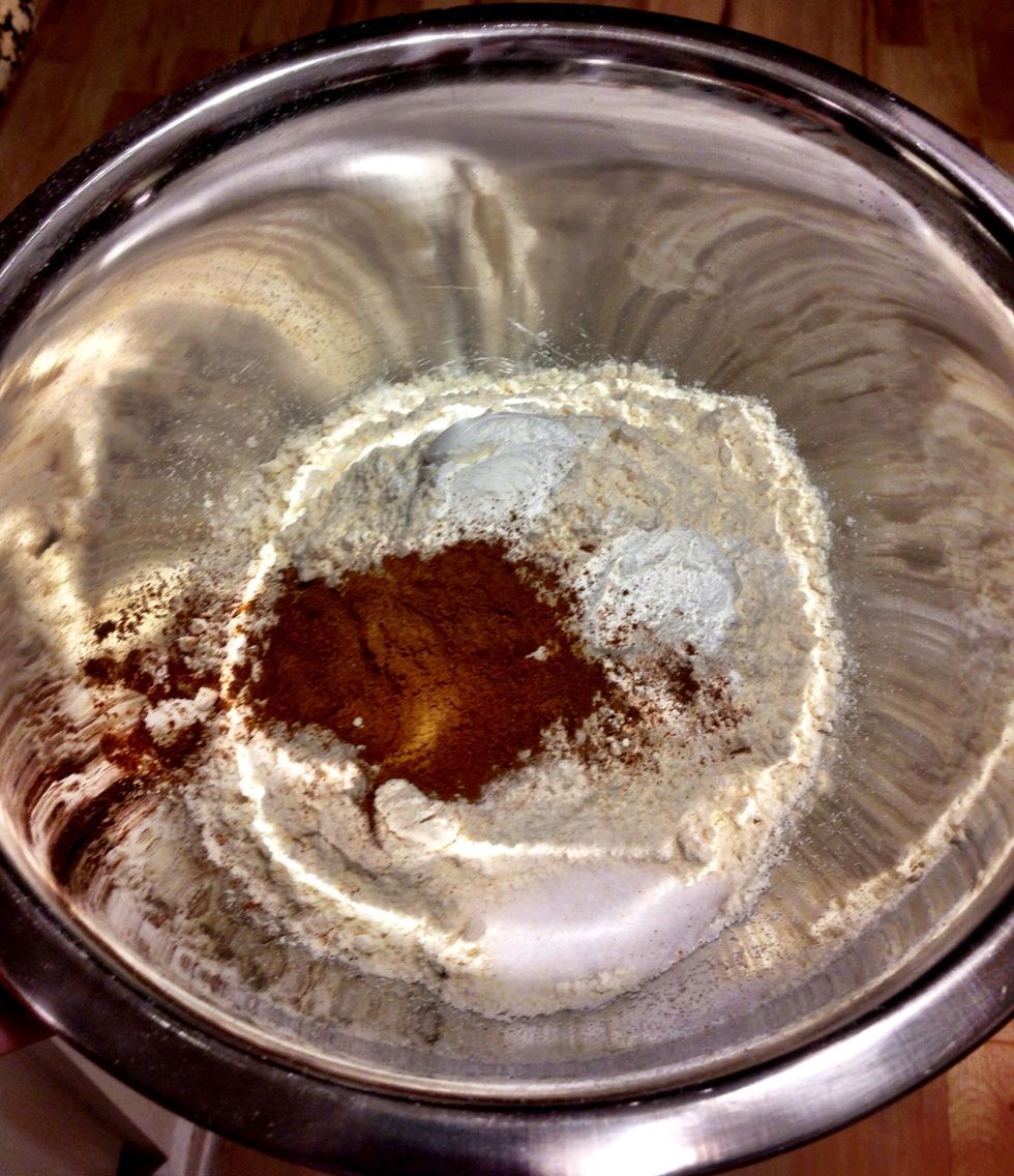 In a separate bowl, mix 2 cups flour, 1 tsp baking soda, 2 tsp baking powder, 2 tsp cinnamon and 1 tsp salt. Stir into pumpkin mixture.