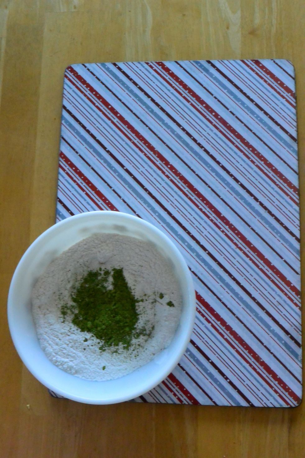 In a separate bowl, mix 2 Cups of flour, 1 tbsp of baking powder, 1 tsp baking soda, 3 tbsp sugar, 1 tsp salt and 1 tbsp of Matcha Green Tea.