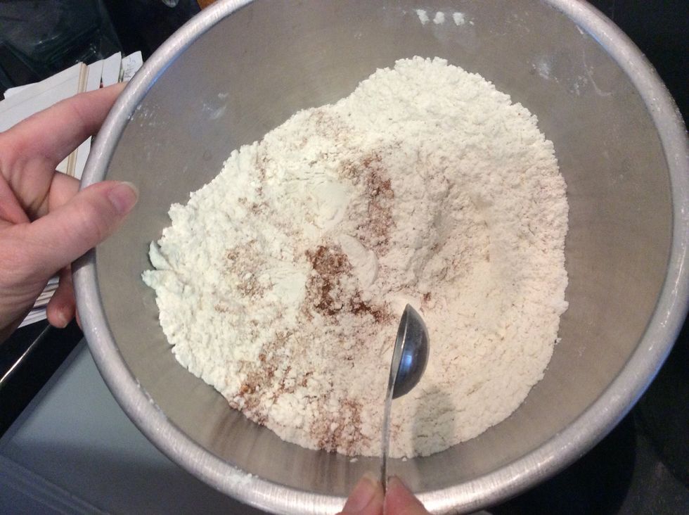 In a separate bowl mix dry ingredients, flour, baking soda, baking powder, salt, cinnamon, nutmeg, and allspice.