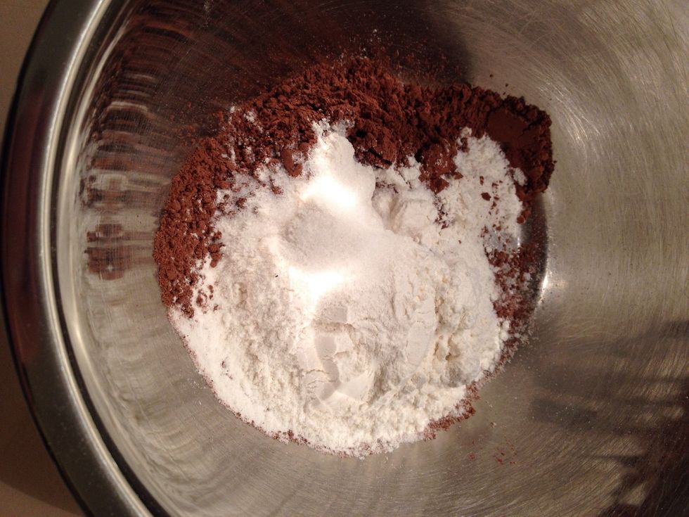 In a separate bowl, mix flour cocoa, and salt, then add to chocolate mixture.