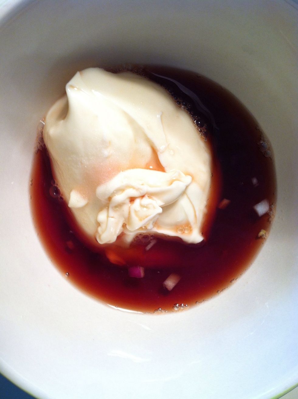 In a separate bowl, place mayonnaise, salt, sugar, red wine vinegar and stir thoroughly. If you get a few pieces of onion in there like I did, that's ok! \ud83d\ude09