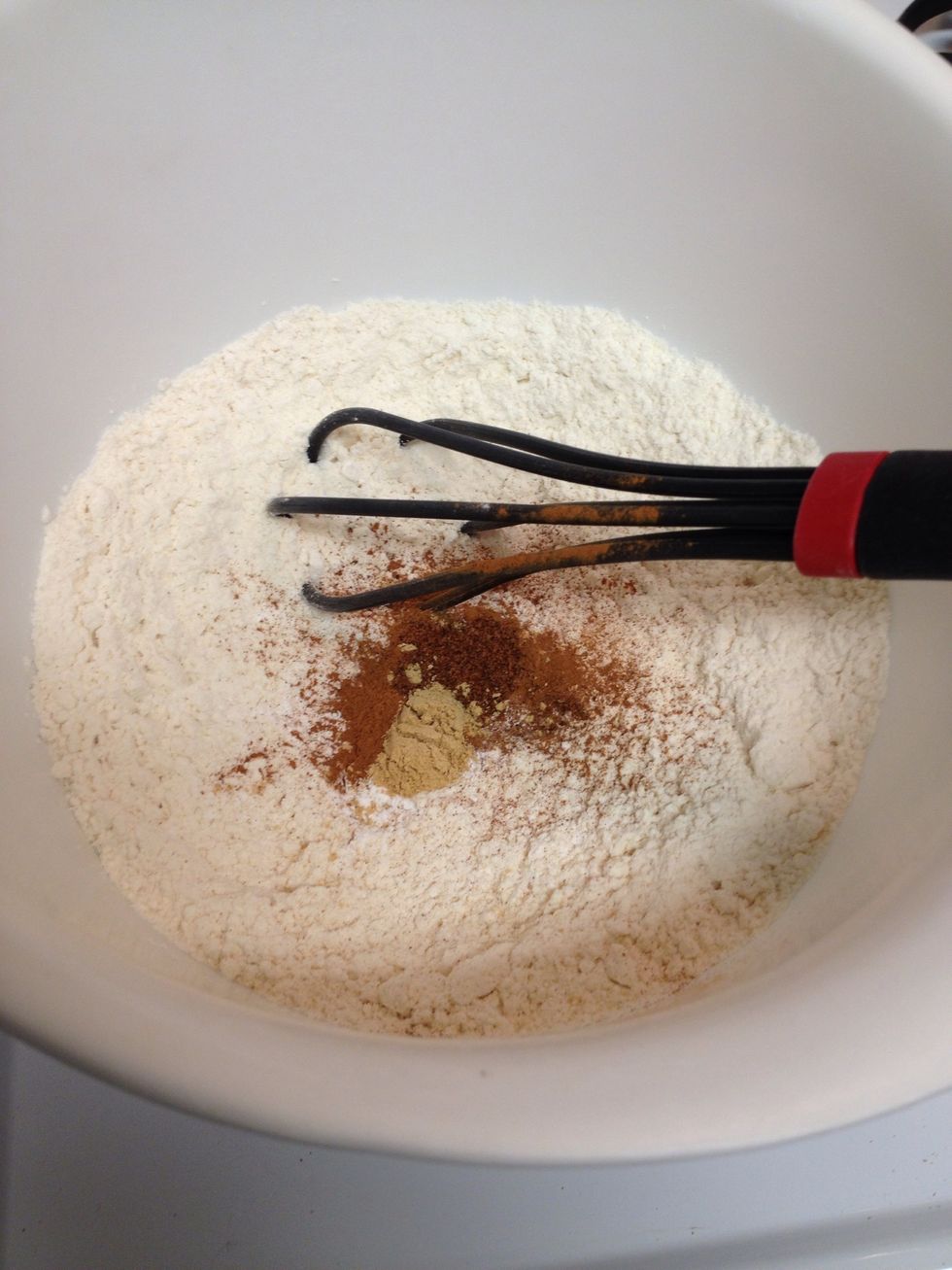 In a separate bowl sift or whisk together the flour, baking powder, basking soda, salt, cinnamon, nutmeg, ginger, and cloves. ( I didn't use cloves- didn't have any)
