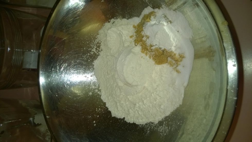 In a separate bowl, stir together flour, brown sugar, baking powder, baking soda, salt, and mini chocolate chips