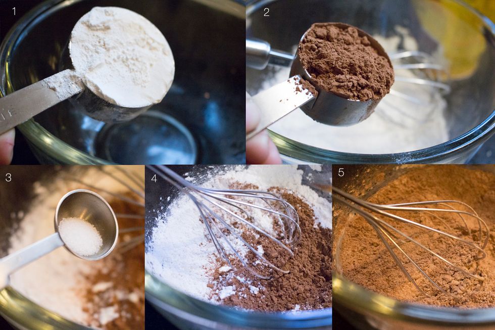 In a separate bowl, whisk together 1/2 cup cake flour, 1/4 cup cocoa powder and 1/4 tsp salt.