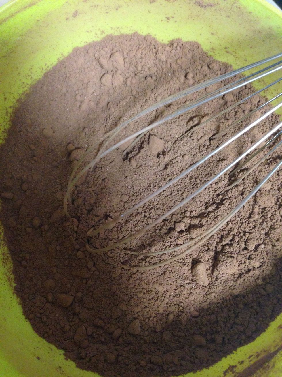 In a separate bowl whisk together cocoa powder, palm sugar, baking powder, baking soda, and salt. And add to the egg mixture, blend for a good 2-3 mins. And pour in your baking dish.