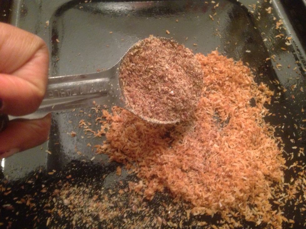 In a separate dish, add 4 tablespoons of ground flax seed to toasted coconut.