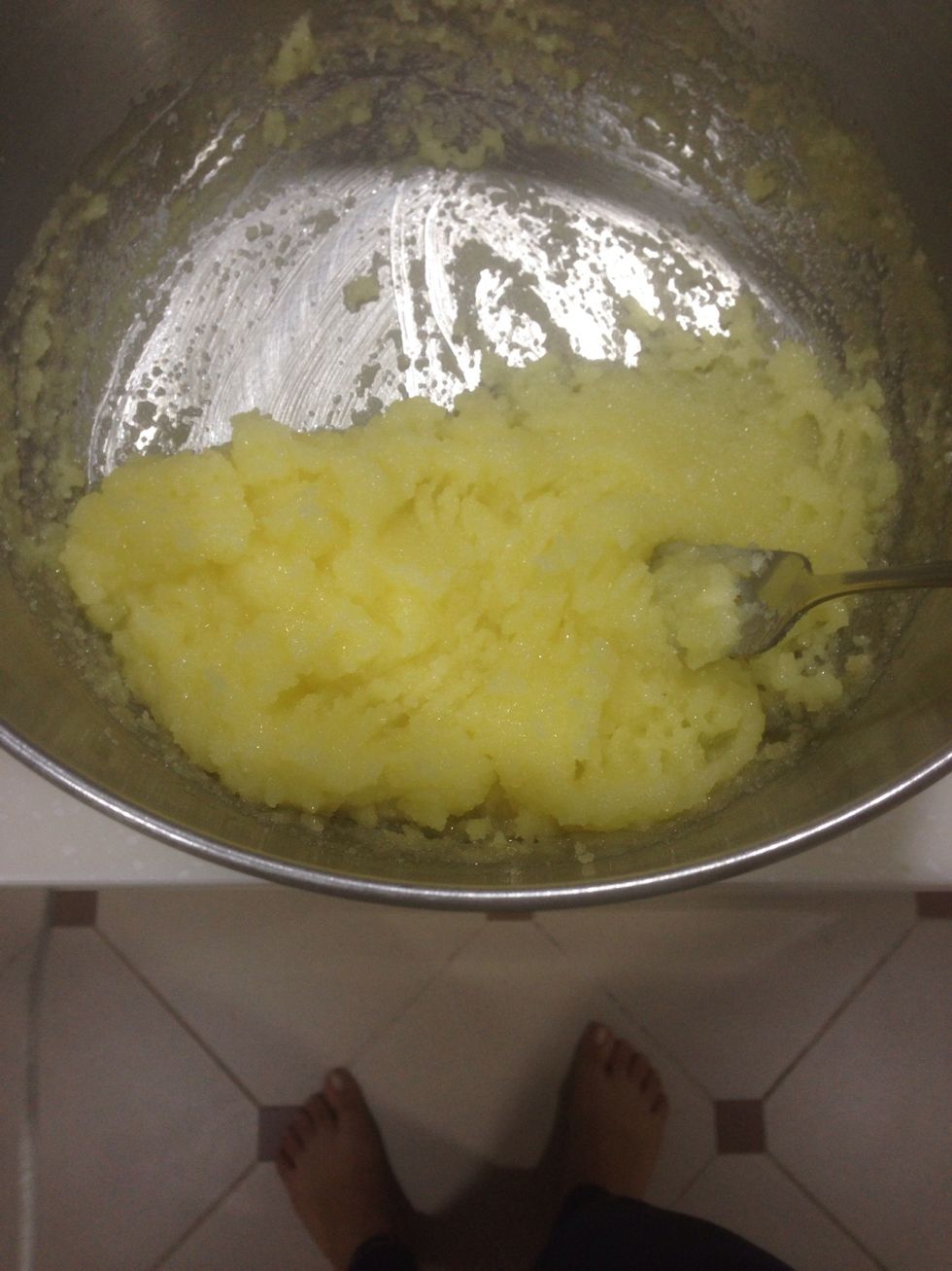 In a separate (larger) bowl, beat butter and sugar until light and fluffy (about 3 minutes)