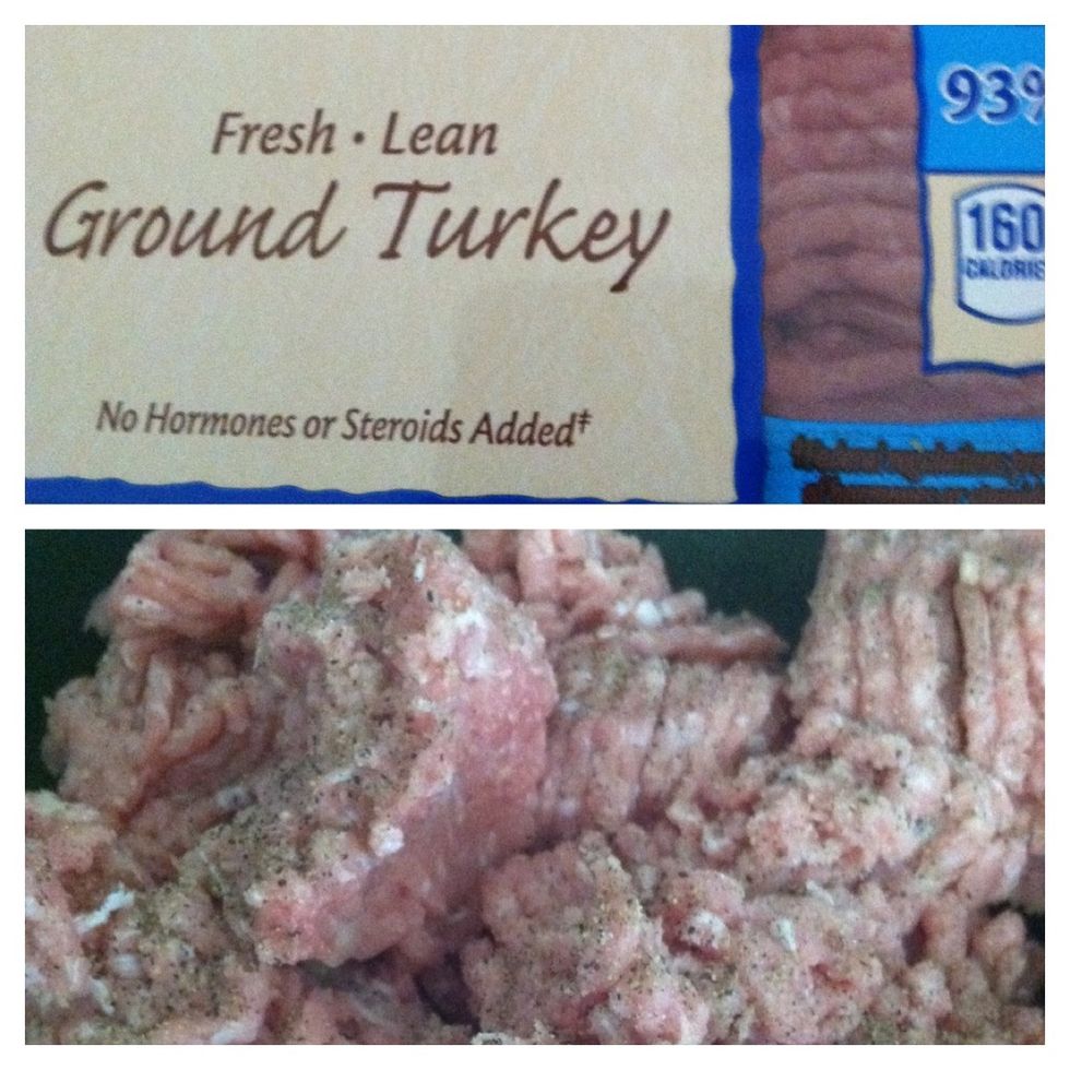 In a separate pan, spray some cooking spray wait for it to get hot ( about 2 min.  on medium heat). Then, add the ground turkey, some salt and black pepper.