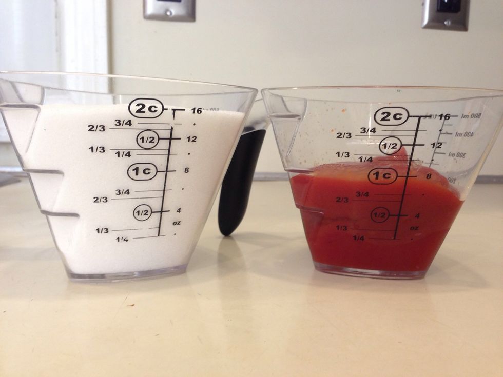 In a separate sauce pan, combine 2 parts sugar to one part ketchup. I used 2 cups of sugar and 1 cup of ketchup, but I would use half of that next time.