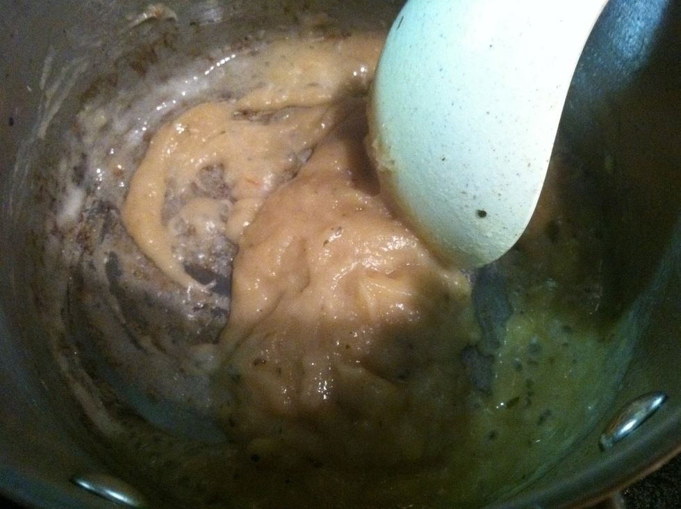 In a separate saucepan, melt 5 tbsp butter along with chopped rosemary and thyme. Add flour and stir to form a thick wet paste. Add a cup of white wine and stir til consistent