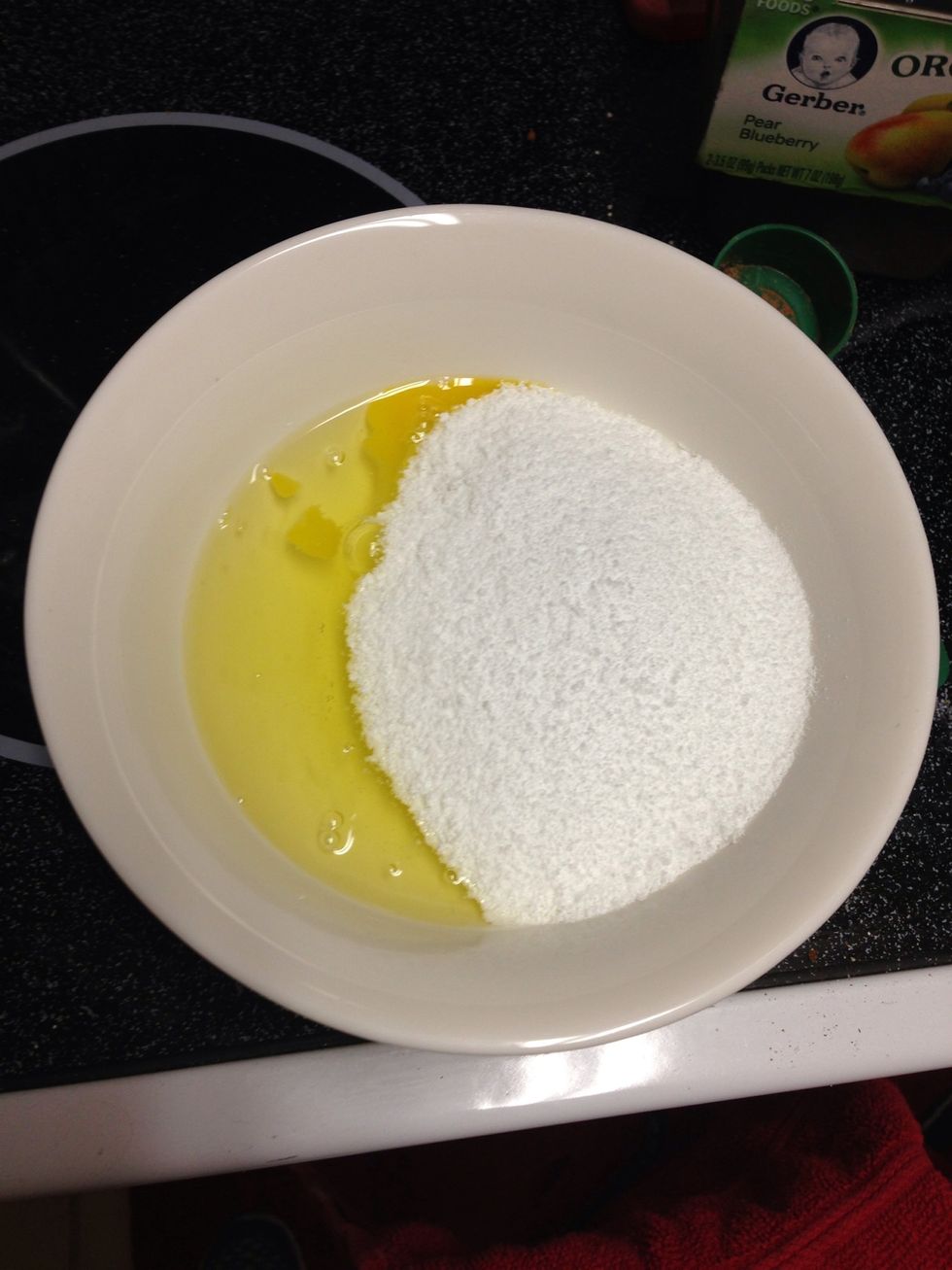 In a small bowl add wet ingredients. First stevia and egg whites.