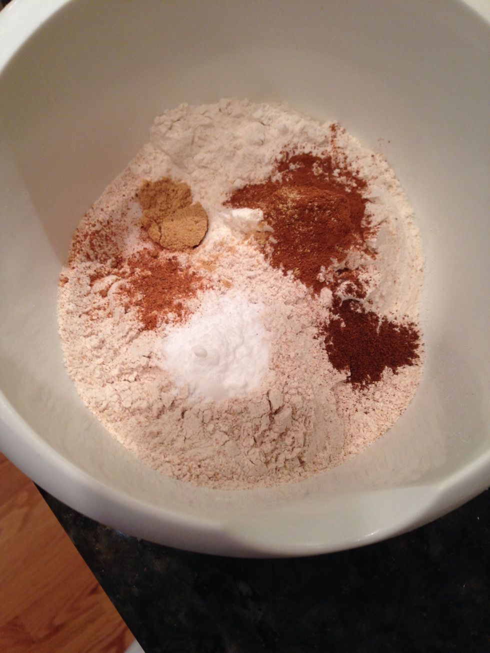In a small bowl combine all dry ingredients (flours, salt and spices)