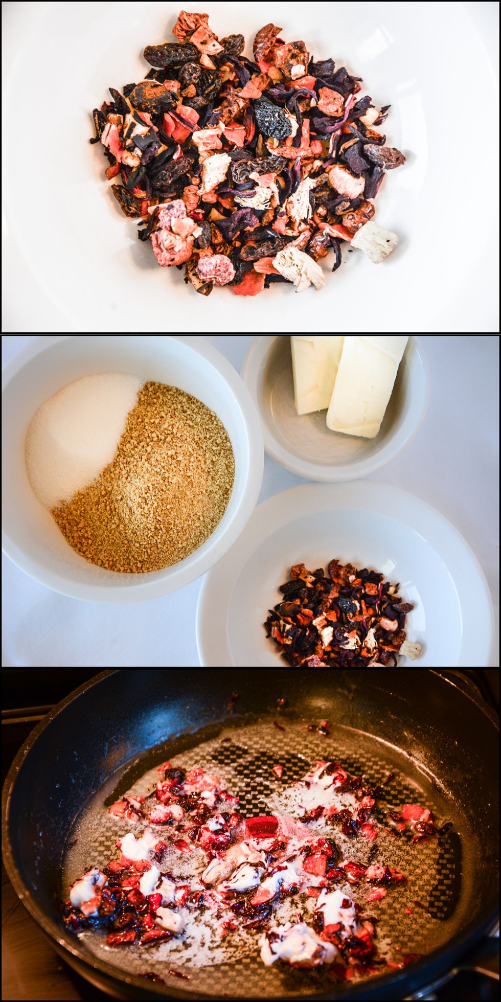 In a small bowl, combine sugar and graham crumbs. In a saucepan, melt the butter with the Strawberry Rhubarb Parfait tea. Ensure the butter does not burn or fizzle!