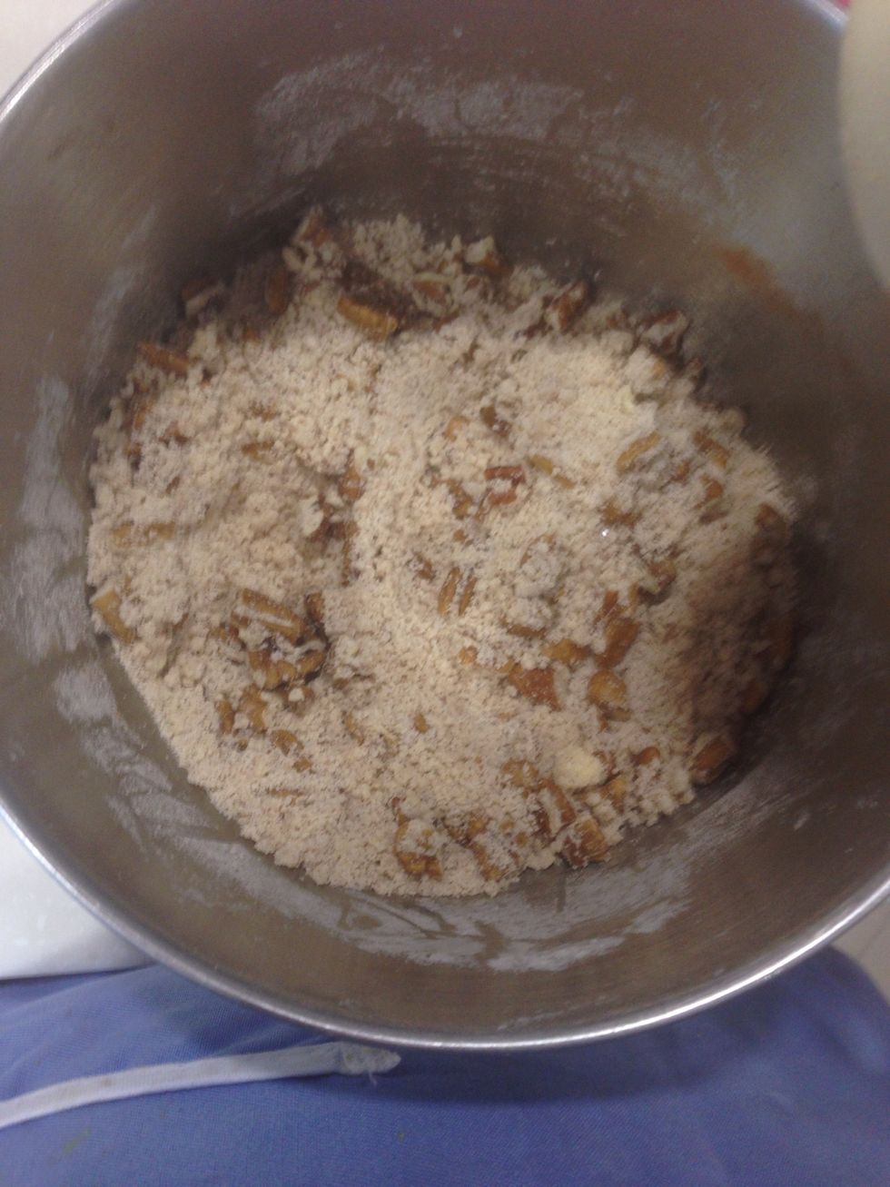 In a small bowl, mix all ingredients for topping except pecans, with fingers, until crumbly. Add pecans.
