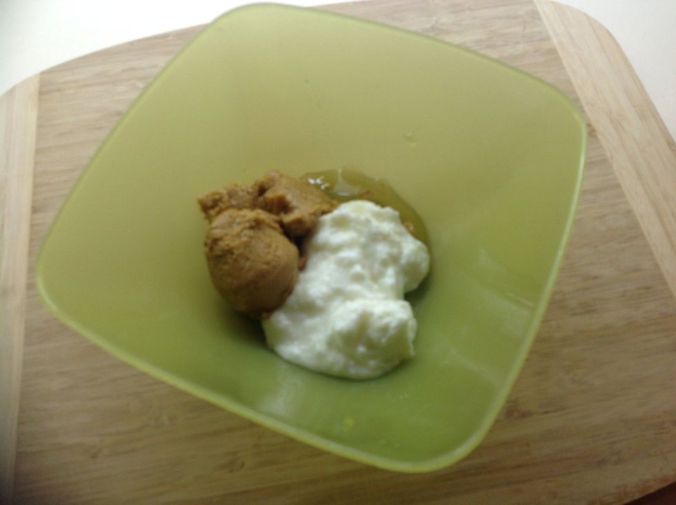 In a small bowl, mix equal parts yogurt and peanut butter. Add about half as much honey. For this batch I used about 3 tablespoons each of peanut butter and yogurt and about 2 tablespoons of honey.