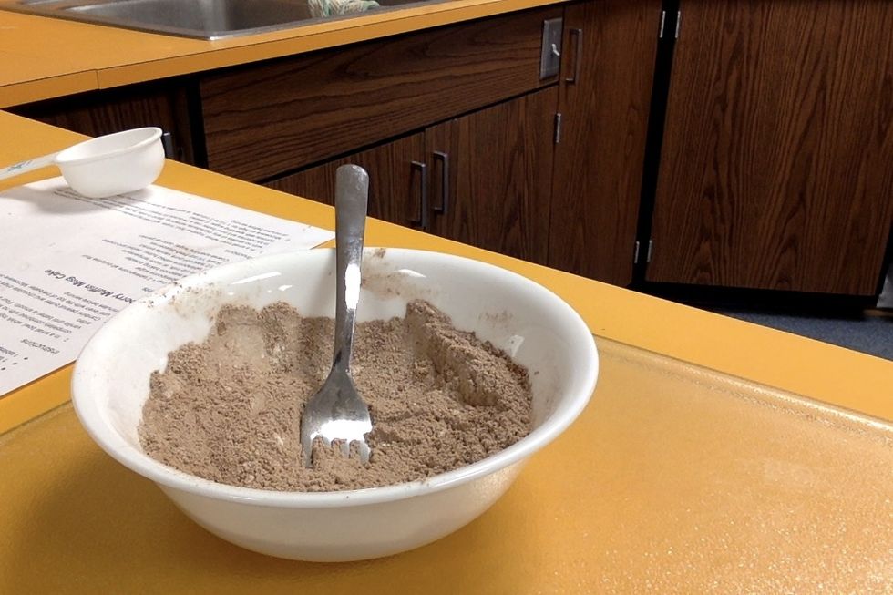In a small bowl, whisk together four, cocoa powder, sugar, and baking powder until thoroughly,completely combined with no streaks of flour or cocoa powder remaining.