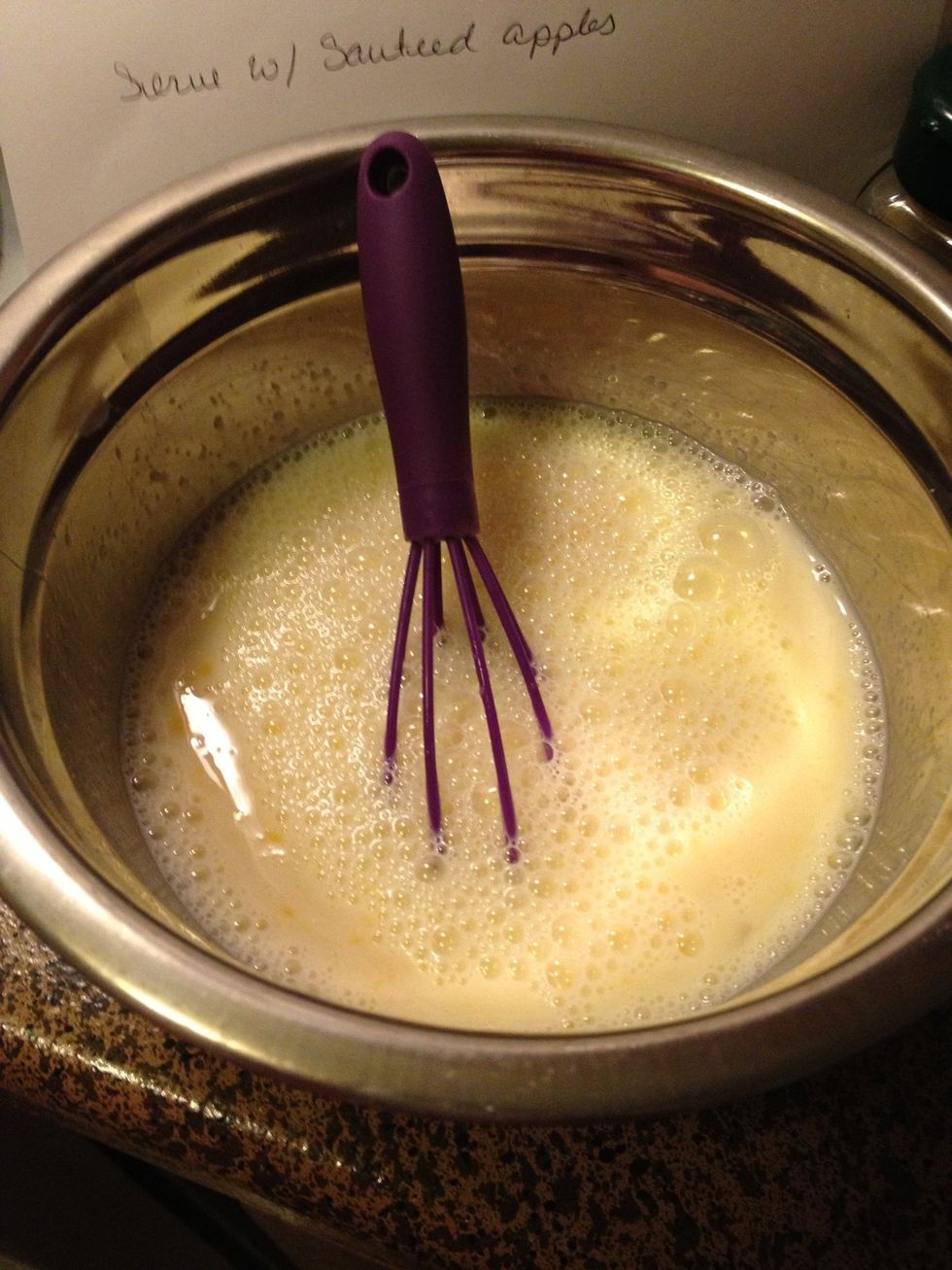 In a small bowl whisk together the milk, apple sauce, eggs, and vanilla extract.