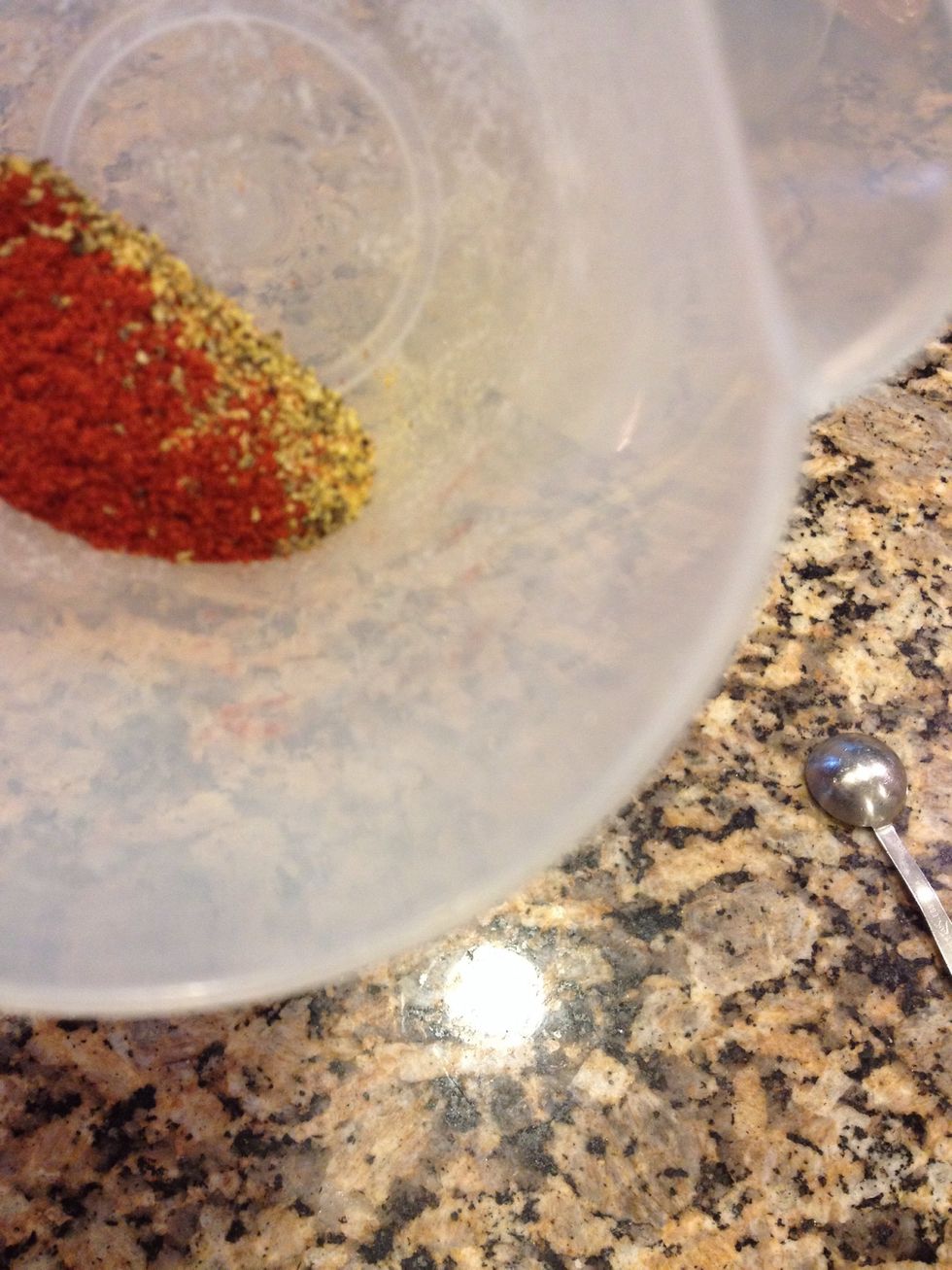 In a small container, mix 1 tsp each: lemon pepper and cayenne pepper. I do a hefty rounded tsp