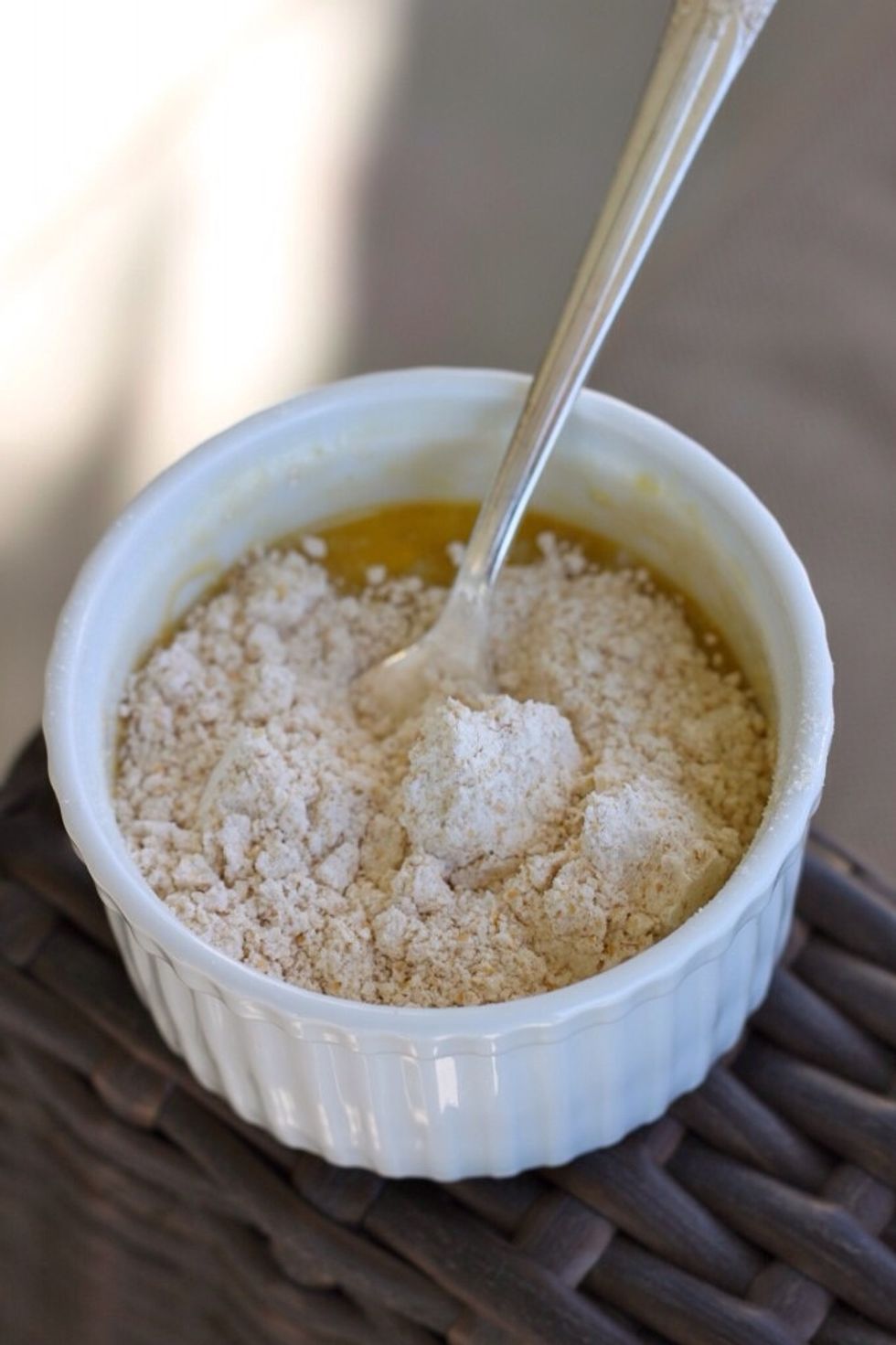 In a small/medium ramekin add oil. Then add banana, egg and vanilla and stir together until combined. Next add in the dry ingredients!